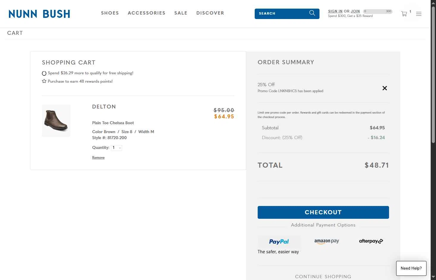 Nunn Bush checkout page showing Nunn Bush promo code box | Screenshot taken by SimplyCodes community member on Dec 6, 2025
