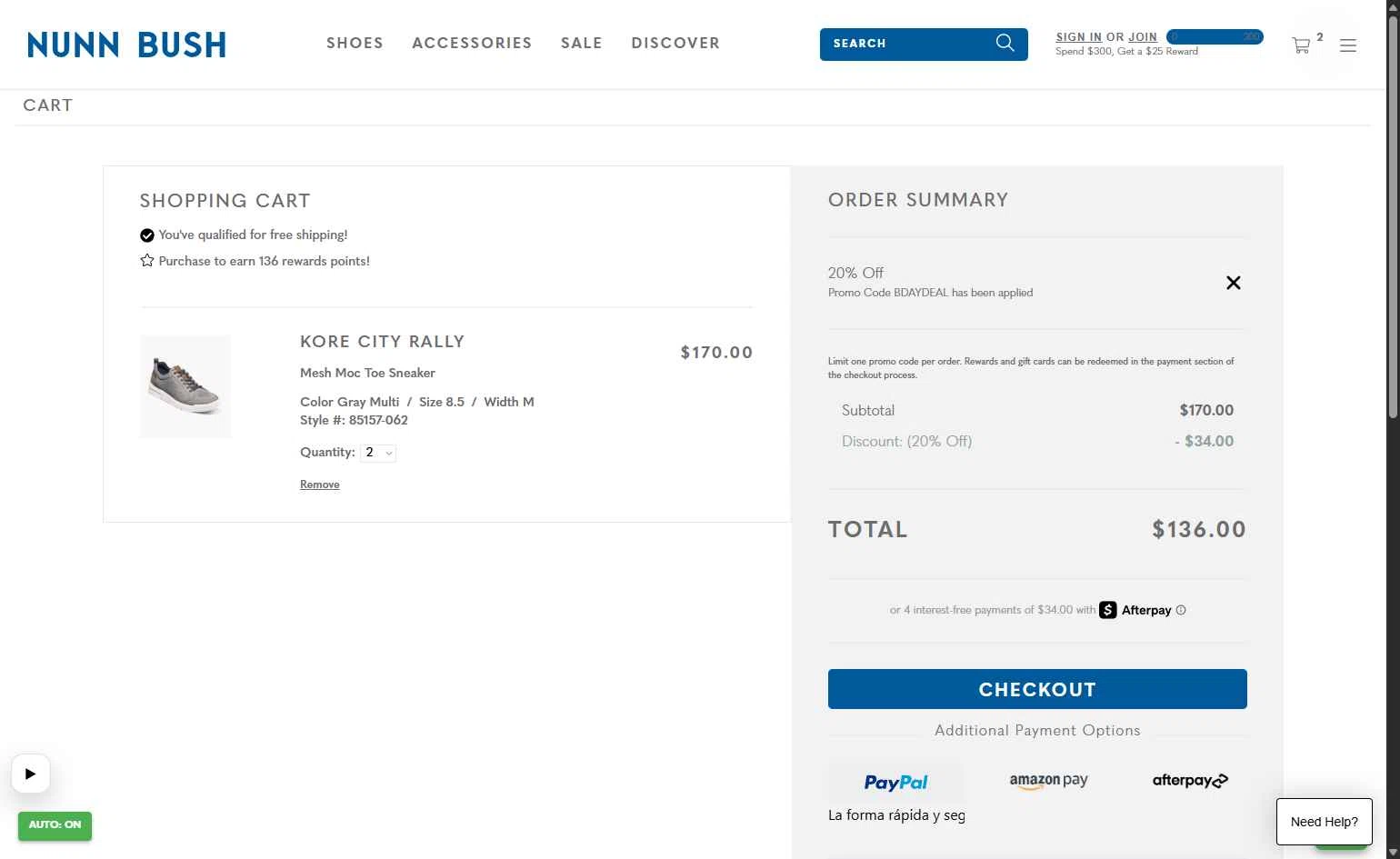 Nunn Bush checkout page showing Nunn Bush promo code box | Screenshot taken by SimplyCodes community member on Feb 1, 2026
