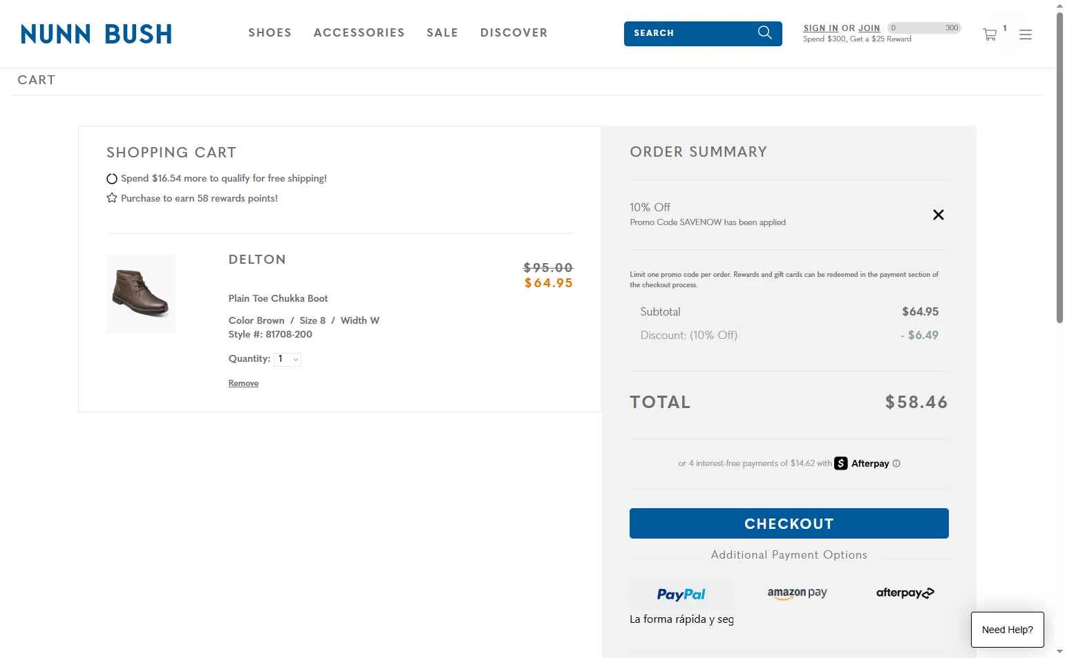 Nunn Bush checkout page showing Nunn Bush promo code box | Screenshot taken by SimplyCodes community member on Dec 6, 2025