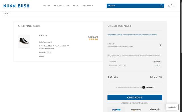Nunn Bush checkout page showing Nunn Bush promo code box | Screenshot taken by SimplyCodes community member on Sep 15, 2025