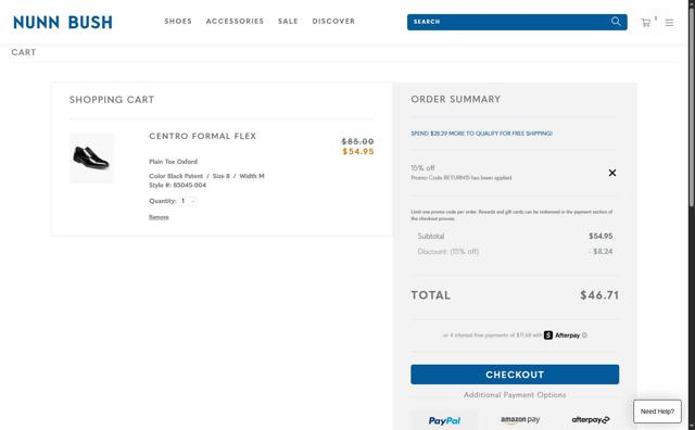 Nunn Bush checkout page showing Nunn Bush promo code box | Screenshot taken by SimplyCodes community member on Jul 29, 2025