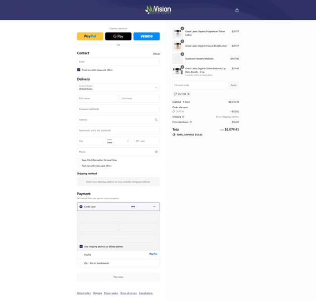 NuVision Health Center checkout page showing NuVision Health Center coupon code box | Screenshot taken by SimplyCodes community member on Sep 11, 2025