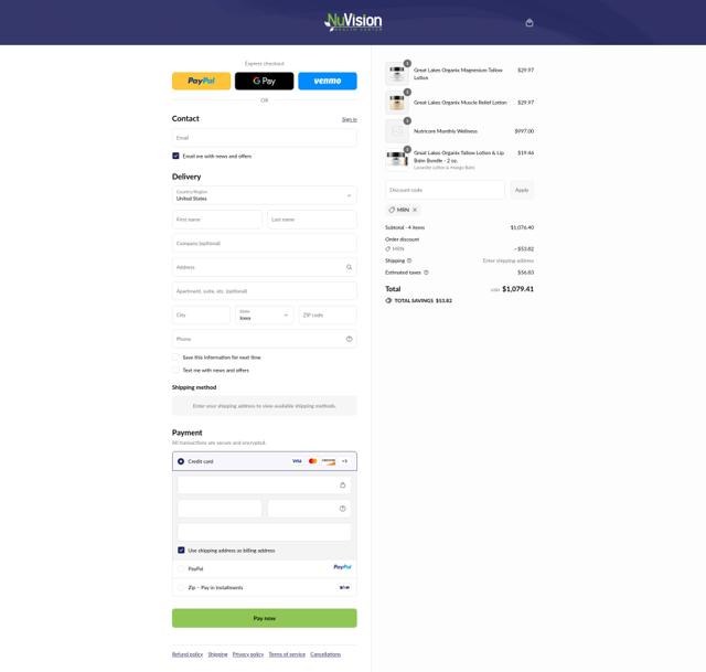 NuVision Health Center checkout page showing NuVision Health Center coupon code box | Screenshot taken by SimplyCodes community member on Sep 11, 2025