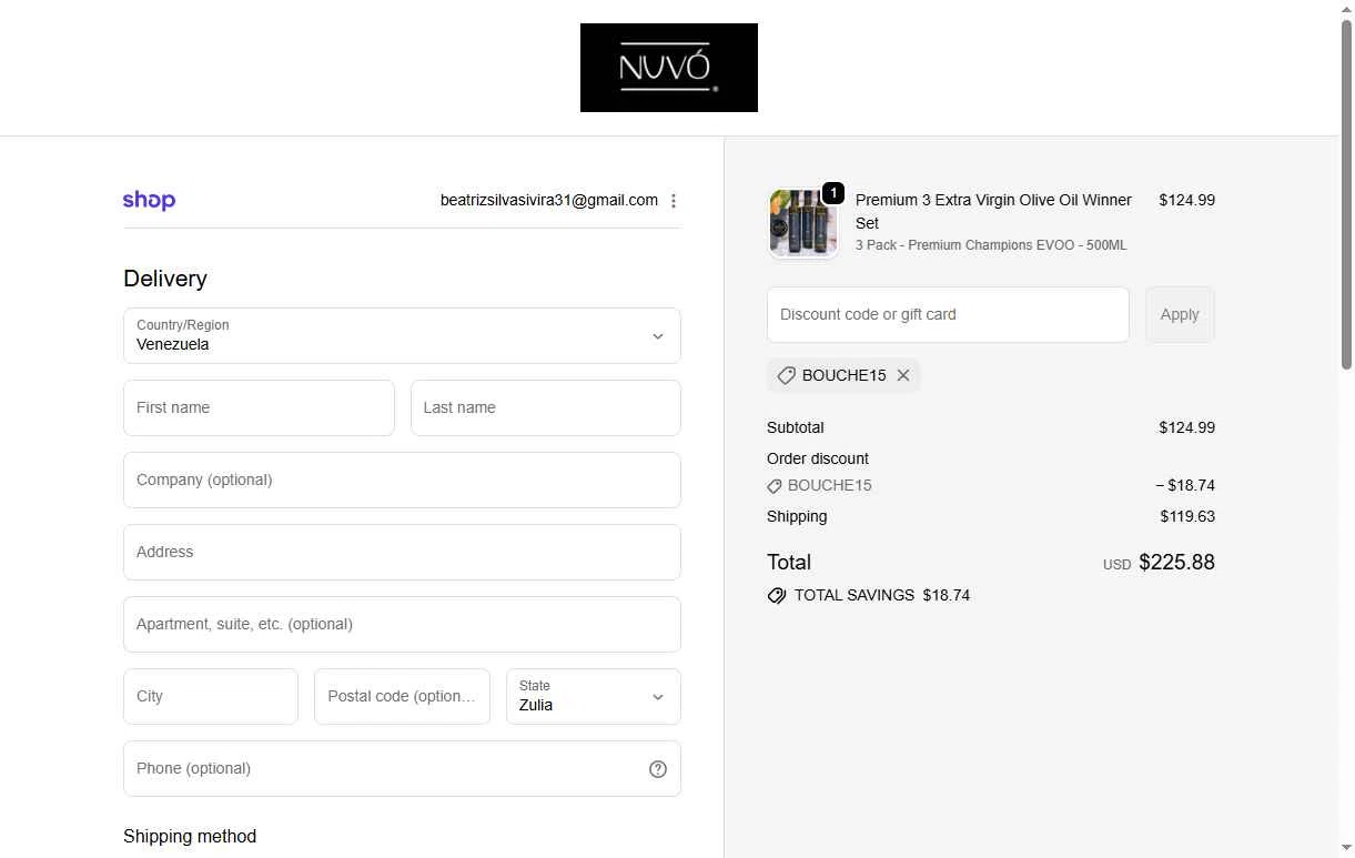 Nuvo Olive Oil checkout page showing Nuvo Olive Oil promo code box | Screenshot taken by SimplyCodes community member on Jan 9, 2026