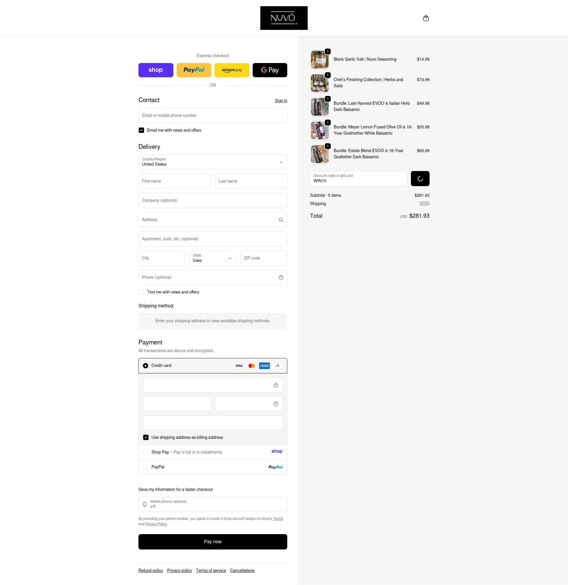 Nuvo Olive Oil checkout page showing Nuvo Olive Oil promo code box | Screenshot taken by SimplyCodes community member on Jan 9, 2026