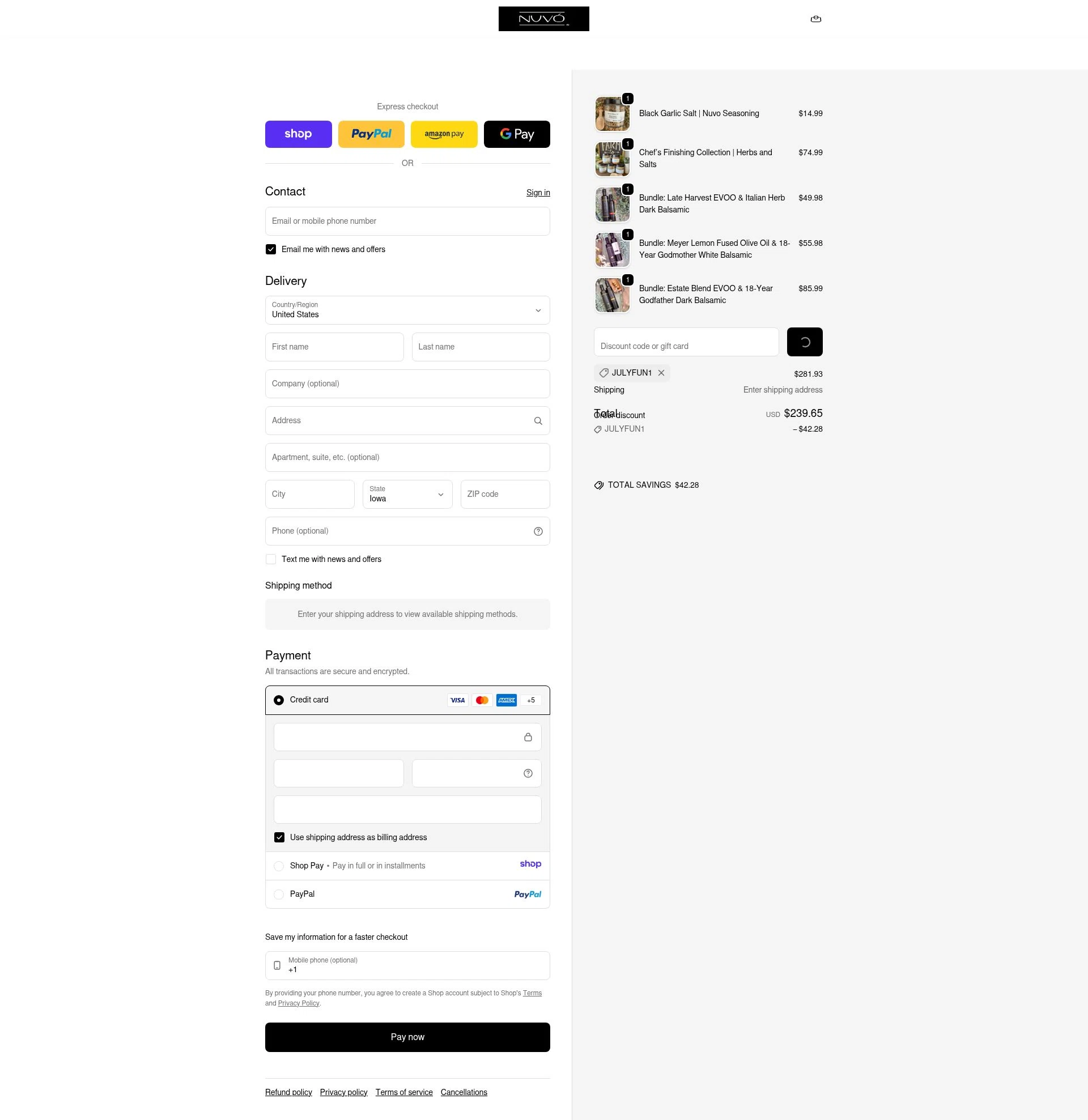 Nuvo Olive Oil checkout page showing Nuvo Olive Oil promo code box | Screenshot taken by SimplyCodes community member on Jan 9, 2026