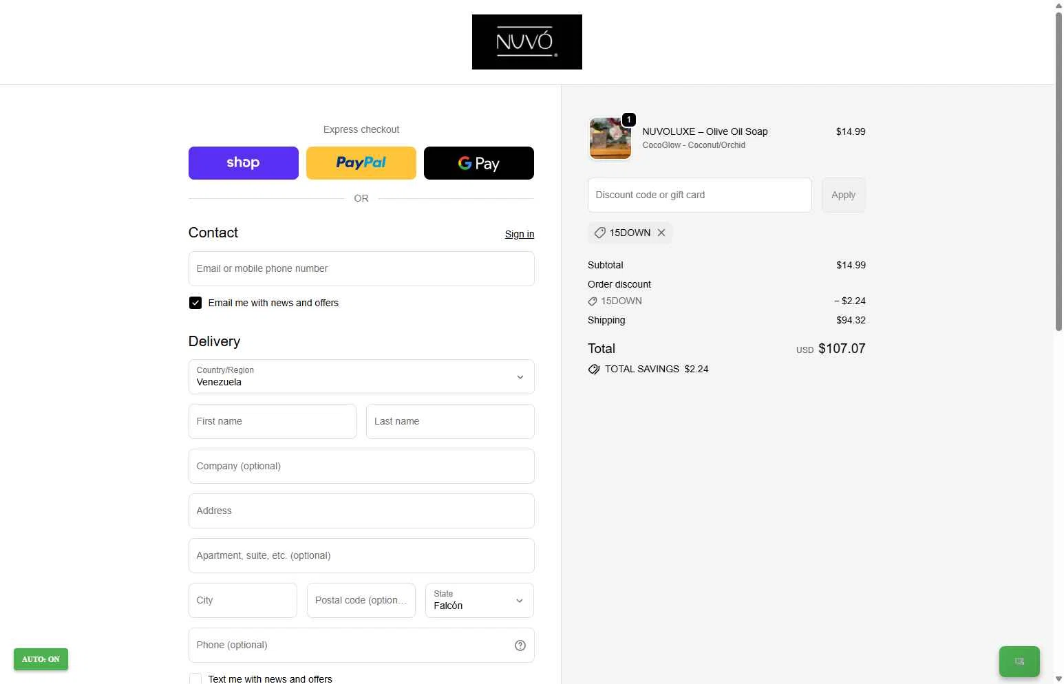 Nuvo Olive Oil checkout page showing Nuvo Olive Oil promo code box | Screenshot taken by SimplyCodes community member on Jan 9, 2026