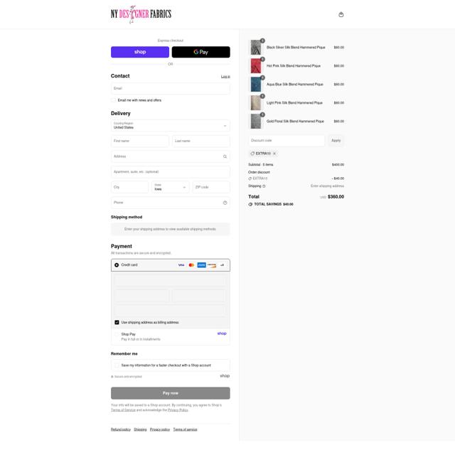 NY Designer Fabrics checkout page showing NY Designer Fabrics coupon code box | Screenshot taken by SimplyCodes community member on Sep 6, 2025