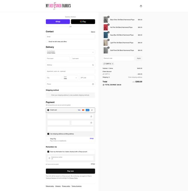NY Designer Fabrics checkout page showing NY Designer Fabrics coupon code box | Screenshot taken by SimplyCodes community member on Sep 10, 2025