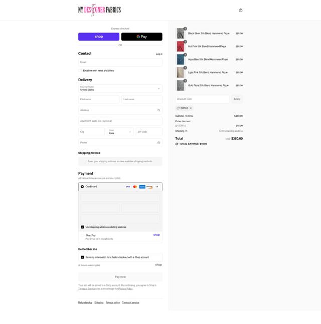 NY Designer Fabrics checkout page showing NY Designer Fabrics coupon code box | Screenshot taken by SimplyCodes community member on Sep 6, 2025