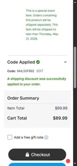 NHL50FREE coupon verification screenshot
