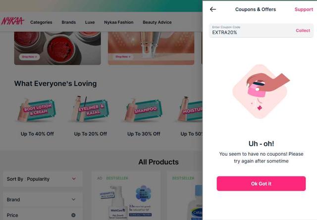 Nykaa checkout page showing Nykaa coupon code box | Screenshot taken by SimplyCodes community member on Sep 1, 2025