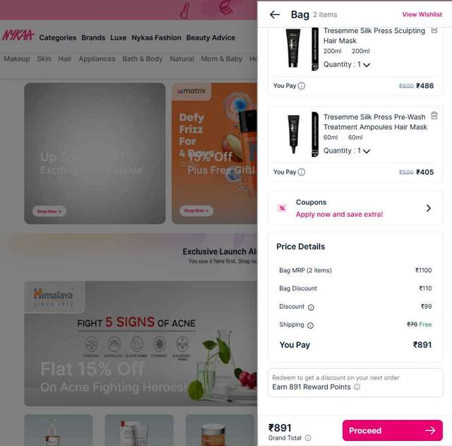 Nykaa checkout page showing Nykaa coupon code box | Screenshot taken by SimplyCodes community member on Aug 24, 2025