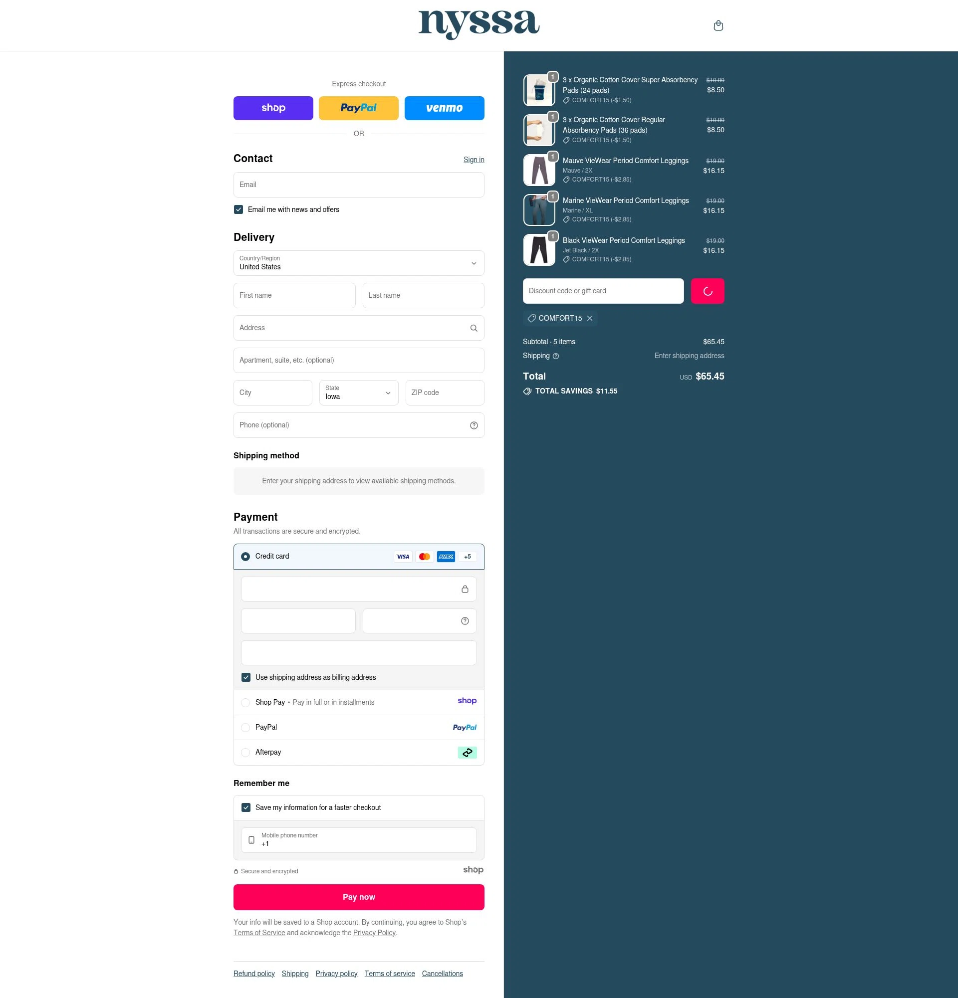 Nyssa Care checkout page showing Nyssa Care promo code box | Screenshot taken by SimplyCodes community member on Dec 26, 2025