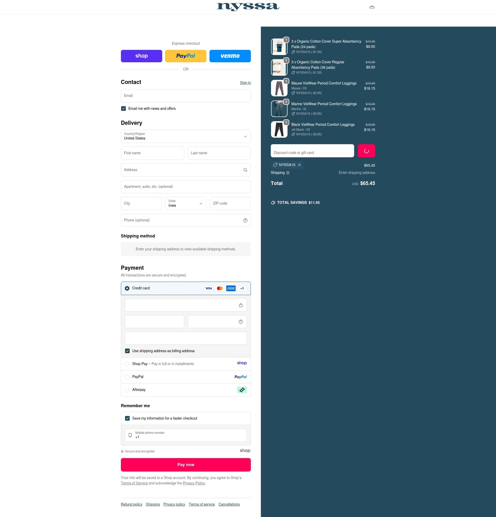 Nyssa Care checkout page showing Nyssa Care promo code box | Screenshot taken by SimplyCodes community member on Dec 31, 2025