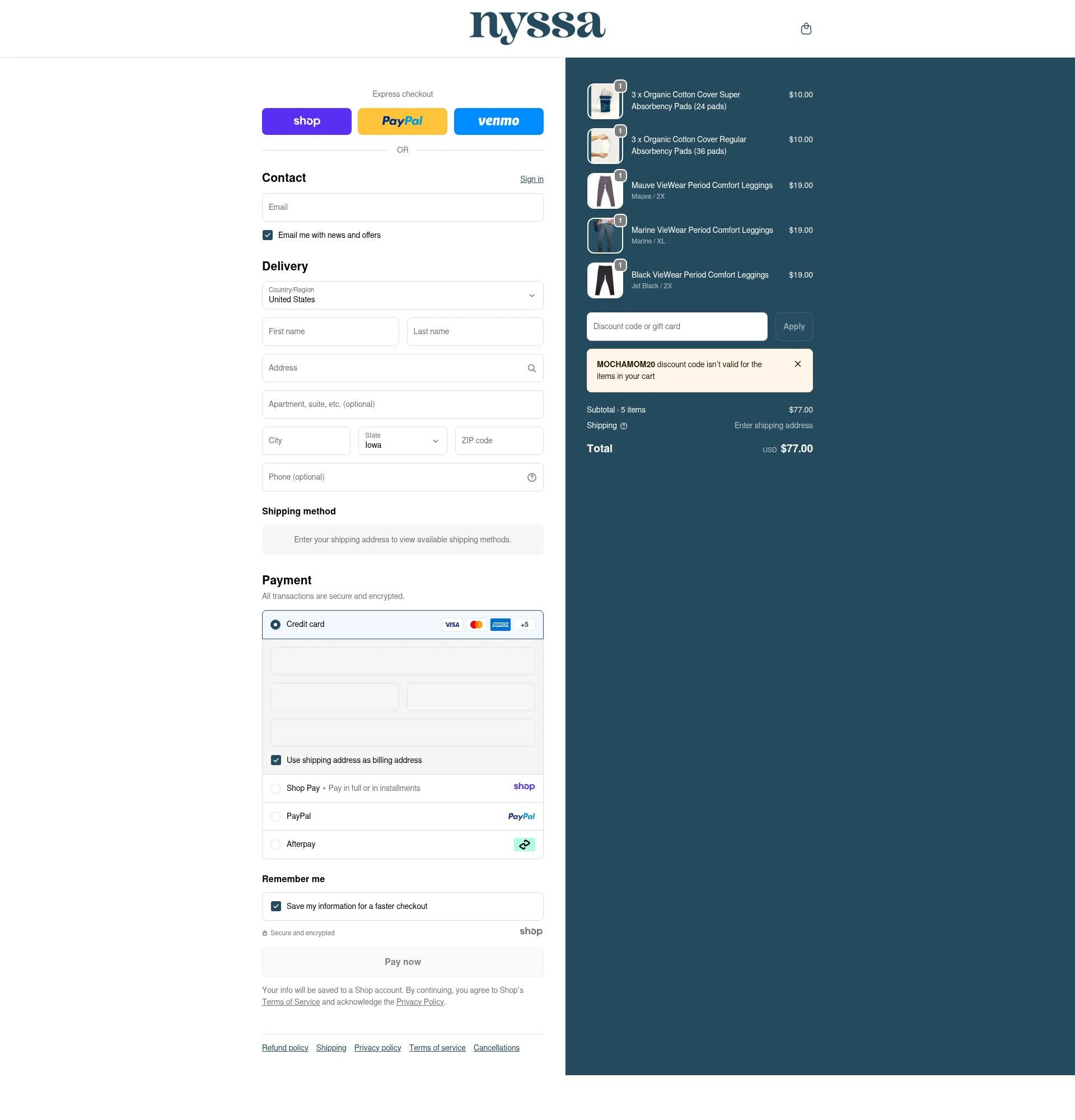 Nyssa Care checkout page showing Nyssa Care promo code box | Screenshot taken by SimplyCodes community member on Dec 26, 2025