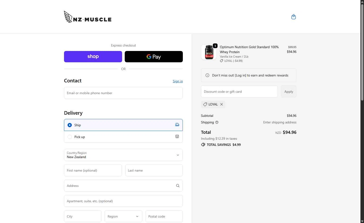 NZ Muscle checkout page showing NZ Muscle promo code box | Screenshot taken by SimplyCodes community member on Nov 10, 2025