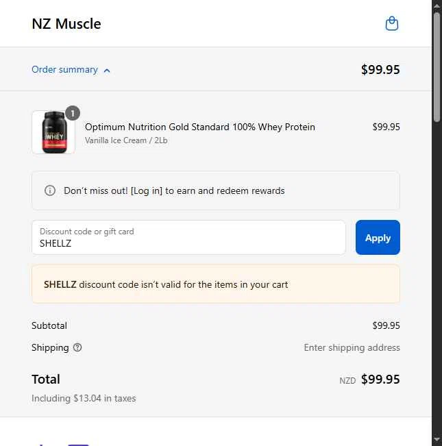 NZ Muscle checkout page showing NZ Muscle promo code box | Screenshot taken by SimplyCodes community member on Aug 26, 2025
