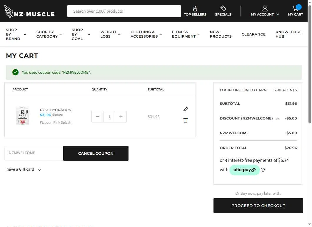 NZ Muscle checkout page showing NZ Muscle promo code box | Screenshot taken by SimplyCodes community member on Apr 25, 2025