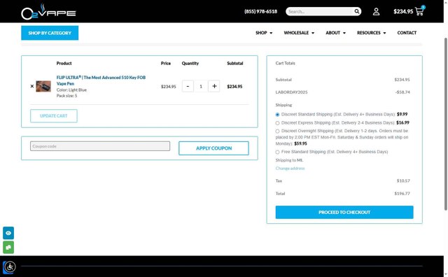 O2VAPE checkout page showing O2VAPE promo code box | Screenshot taken by SimplyCodes community member on Aug 30, 2025