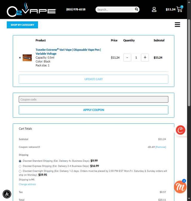 O2VAPE checkout page showing O2VAPE promo code box | Screenshot taken by SimplyCodes community member on Jul 15, 2025