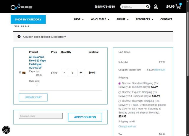 O2VAPE checkout page showing O2VAPE promo code box | Screenshot taken by SimplyCodes community member on Aug 3, 2025