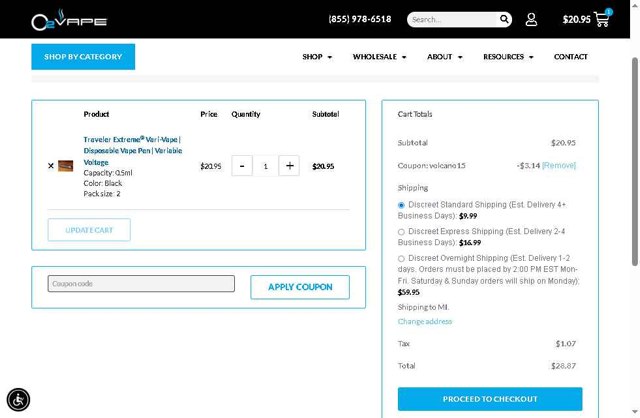 O2VAPE checkout page showing O2VAPE promo code box | Screenshot taken by SimplyCodes community member on Jul 15, 2025