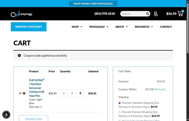O2VAPE checkout page showing O2VAPE promo code box | Screenshot taken by SimplyCodes community member on Aug 28, 2025