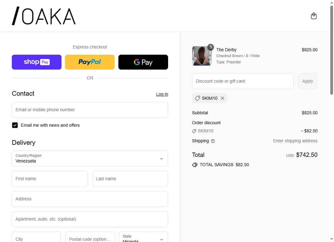 OAKA checkout page showing OAKA promo code box | Screenshot taken by SimplyCodes community member on Jul 20, 2025