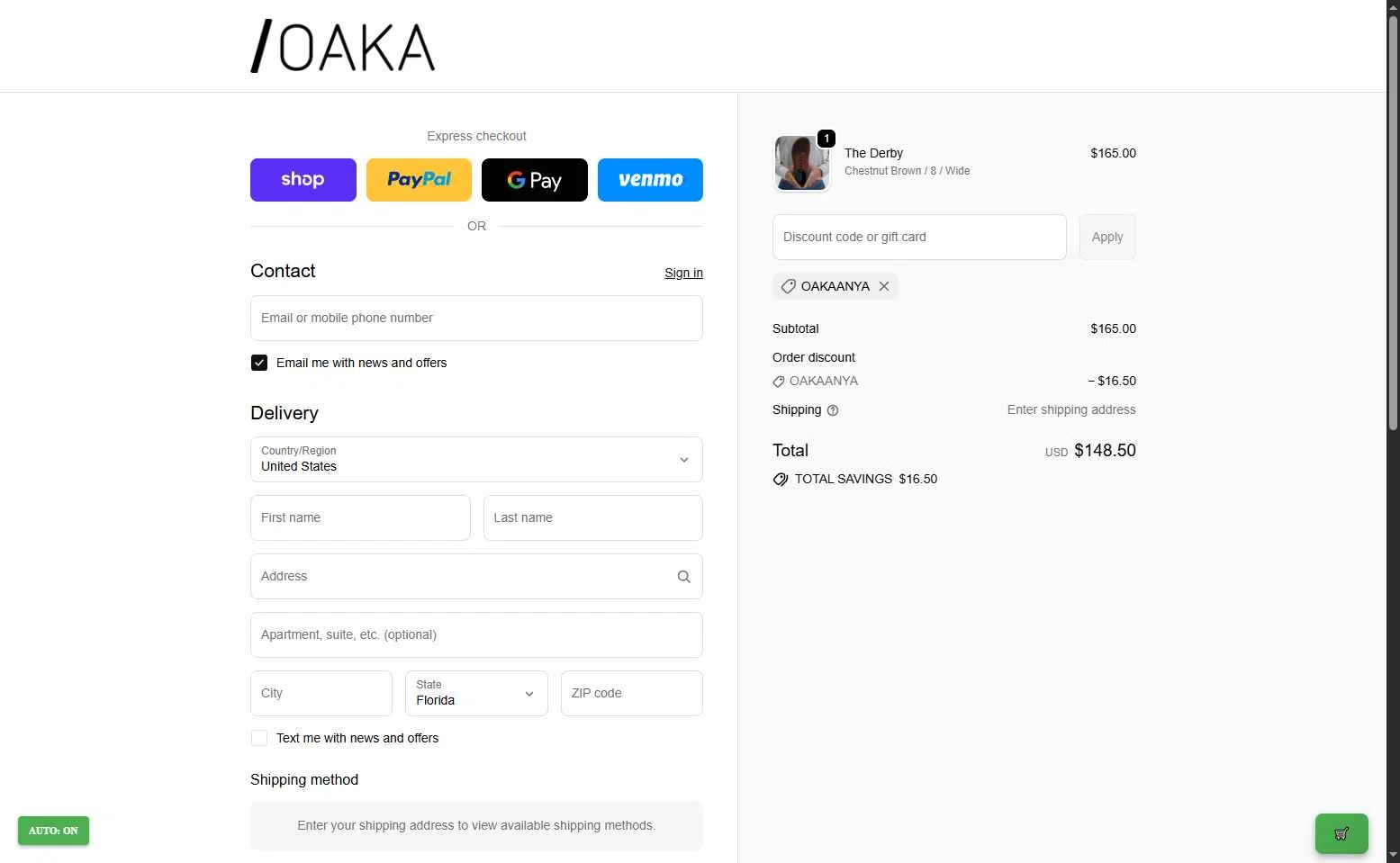 OAKA checkout page showing OAKA promo code box | Screenshot taken by SimplyCodes community member on Sep 21, 2025