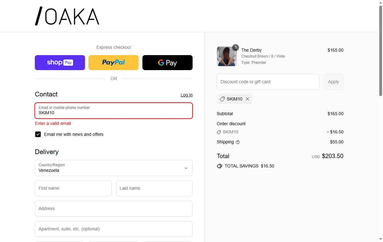 OAKA checkout page showing OAKA promo code box | Screenshot taken by SimplyCodes community member on Jul 20, 2025