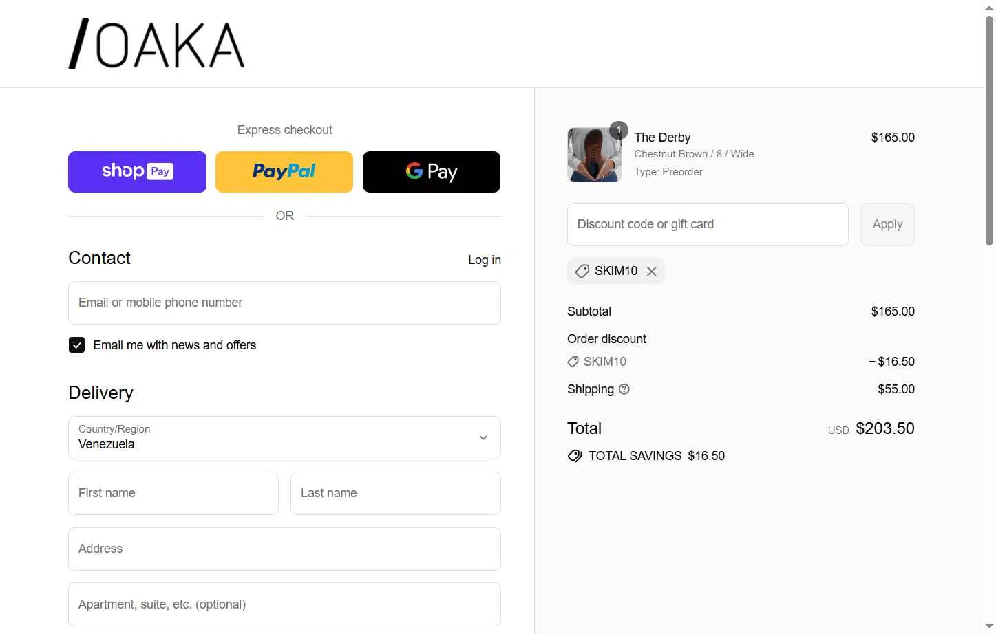 OAKA checkout page showing OAKA promo code box | Screenshot taken by SimplyCodes community member on Jul 20, 2025