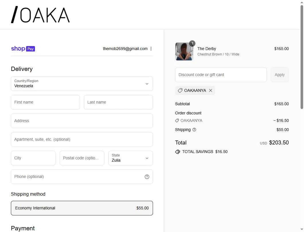 OAKA checkout page showing OAKA promo code box | Screenshot taken by SimplyCodes community member on Aug 23, 2025