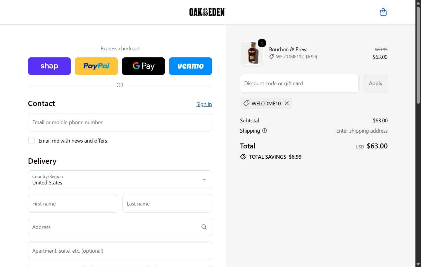 Oak & Eden checkout page showing Oak & Eden promo code box | Screenshot taken by SimplyCodes community member on Dec 28, 2025