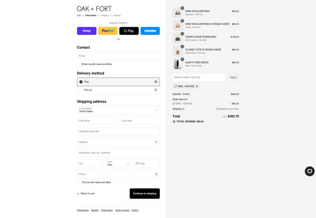Oak + Fort checkout page showing Oak + Fort promo code box | Screenshot taken by SimplyCodes community member on Sep 8, 2025