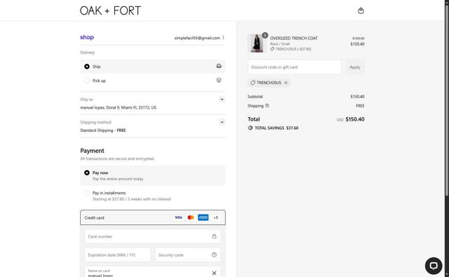 Oak + Fort checkout page showing Oak + Fort promo code box | Screenshot taken by SimplyCodes community member on Sep 13, 2025