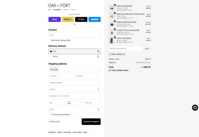Oak + Fort checkout page showing Oak + Fort promo code box | Screenshot taken by SimplyCodes community member on Sep 12, 2025