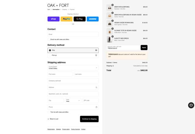 Oak + Fort checkout page showing Oak + Fort promo code box | Screenshot taken by SimplyCodes community member on Sep 8, 2025