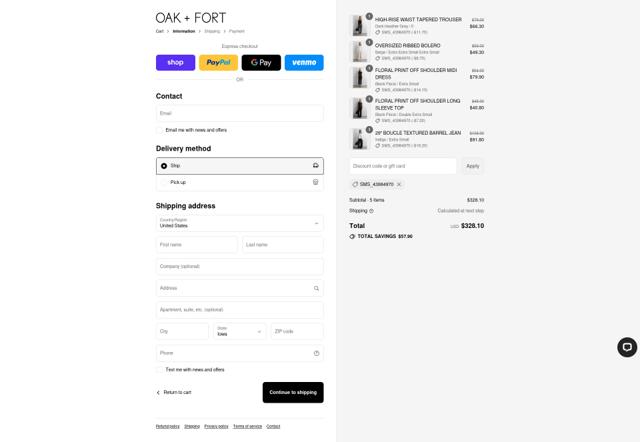 Oak + Fort checkout page showing Oak + Fort promo code box | Screenshot taken by SimplyCodes community member on Sep 4, 2025
