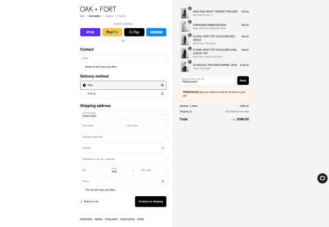Oak + Fort checkout page showing Oak + Fort promo code box | Screenshot taken by SimplyCodes community member on Sep 4, 2025