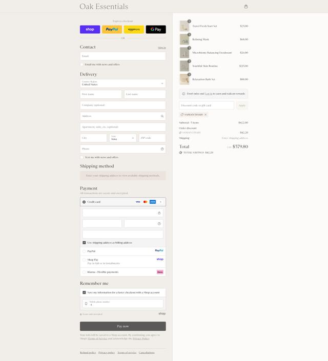 Oak Essentials checkout page showing Oak Essentials promo code box | Screenshot taken by SimplyCodes community member on Sep 13, 2025