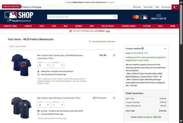 Oakland Athletics checkout page showing Oakland Athletics promo code box | Screenshot taken by SimplyCodes community member on Oct 5, 2025