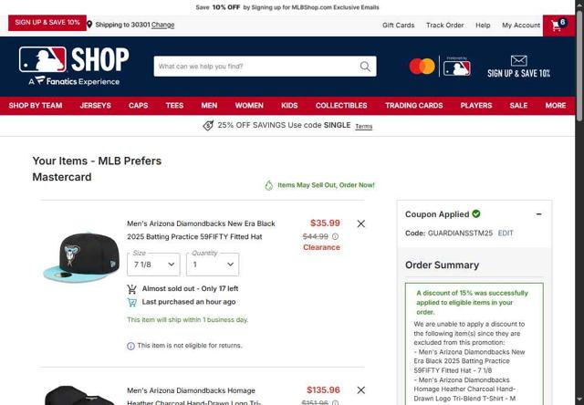 Oakland Athletics checkout page showing Oakland Athletics promo code box | Screenshot taken by SimplyCodes community member on Oct 5, 2025