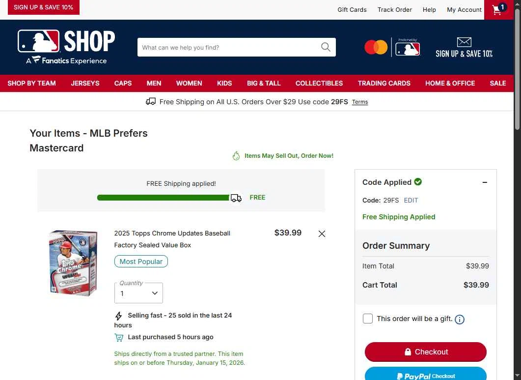 Oakland Athletics checkout page showing Oakland Athletics promo code box | Screenshot taken by SimplyCodes community member on Jan 13, 2026