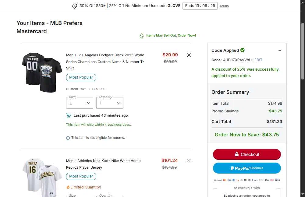 Oakland Athletics checkout page showing Oakland Athletics promo code box | Screenshot taken by SimplyCodes community member on Dec 16, 2025