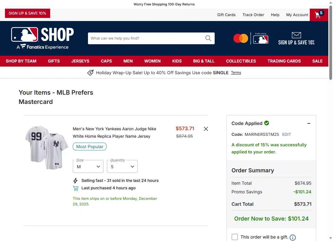 Oakland Athletics checkout page showing Oakland Athletics promo code box | Screenshot taken by SimplyCodes community member on Dec 27, 2025