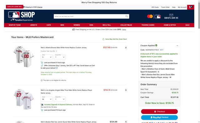 Oakland Athletics checkout page showing Oakland Athletics promo code box | Screenshot taken by SimplyCodes community member on Sep 11, 2025