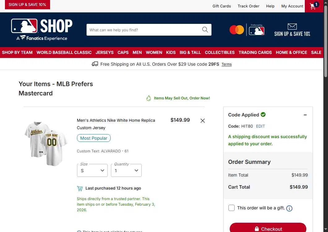 Oakland Athletics checkout page showing Oakland Athletics promo code box | Screenshot taken by SimplyCodes community member on Jan 19, 2026