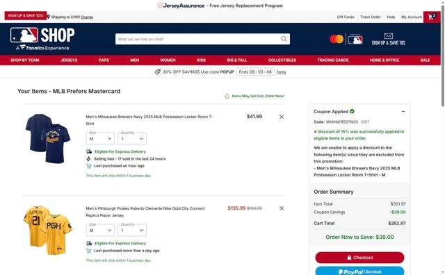 Oakland Athletics checkout page showing Oakland Athletics promo code box | Screenshot taken by SimplyCodes community member on Oct 3, 2025