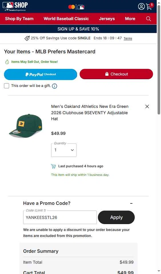 Oakland Athletics checkout page showing Oakland Athletics promo code box | Screenshot taken by SimplyCodes community member on Feb 24, 2026